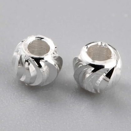 Месингови мъниста, кръгли 3x2,5 мм, гофрирани, сребърно покритие