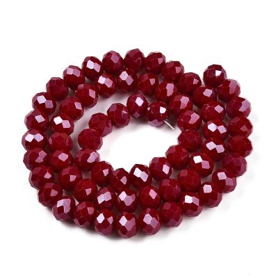 2 Стъклени мъниста с перлено червен блясък, рондели 8x6 мм