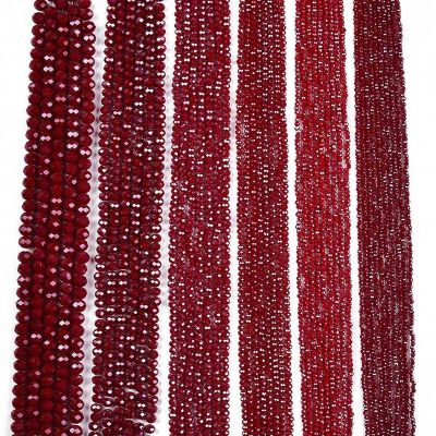 3 Стъклени мъниста с перлено червен блясък, рондели 8x6 мм