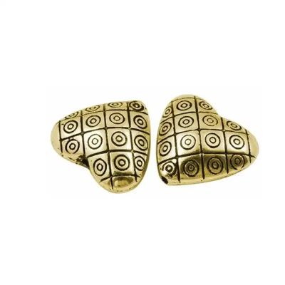 Метално мънисто във формата на сърце с гравирани орнаменти, цвят антично злато