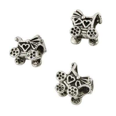 Детайлен сребрист елемент за бижута - детска количка с голям отвор за верижка или шнур